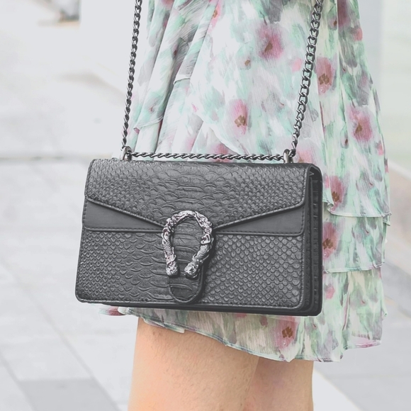 🇮🇹Borse In Pelle Gray Genuine Leather Snake-Embossed Shoulder/Crossbody Bag - Picture 16 of 16